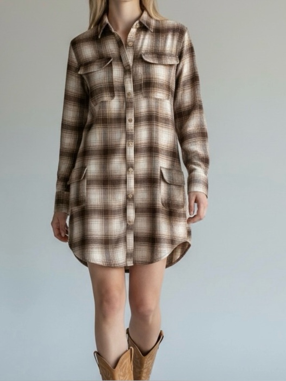PrettyLittleThing Oversized Plaid Shacket Dress Brown Flannel Shirt Dress US 2